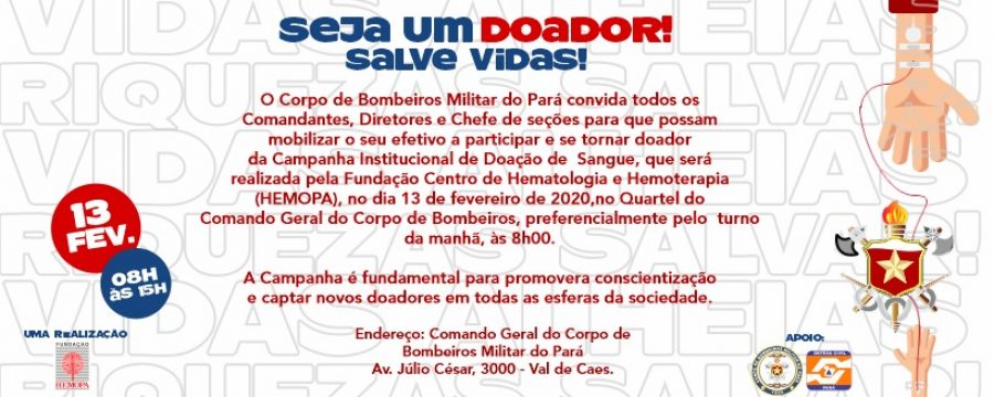 Convite para a campanha de doação de sangue em parceria com o HEMOPA